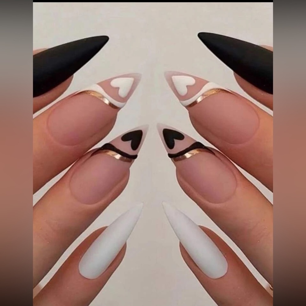 Long Almond matte Black, White, pink, w/ gold accents Heart press on nails